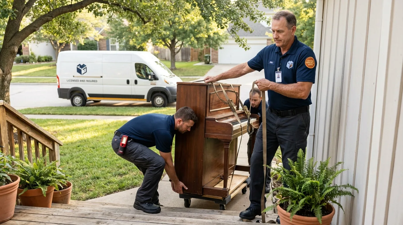 Licensed piano movers securing grand piano in New Windsor, NY