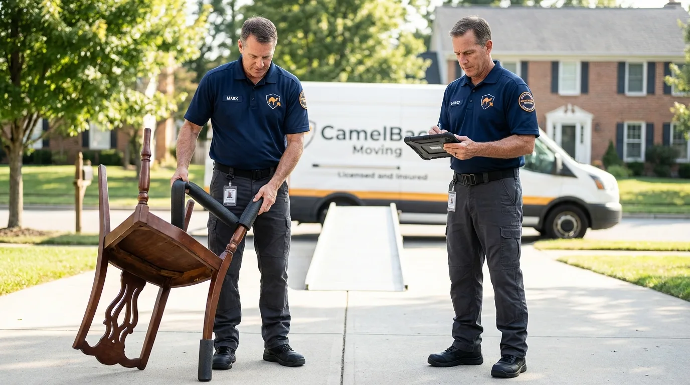 Movers inspecting furniture for damage prevention before loading in New Windsor, NY