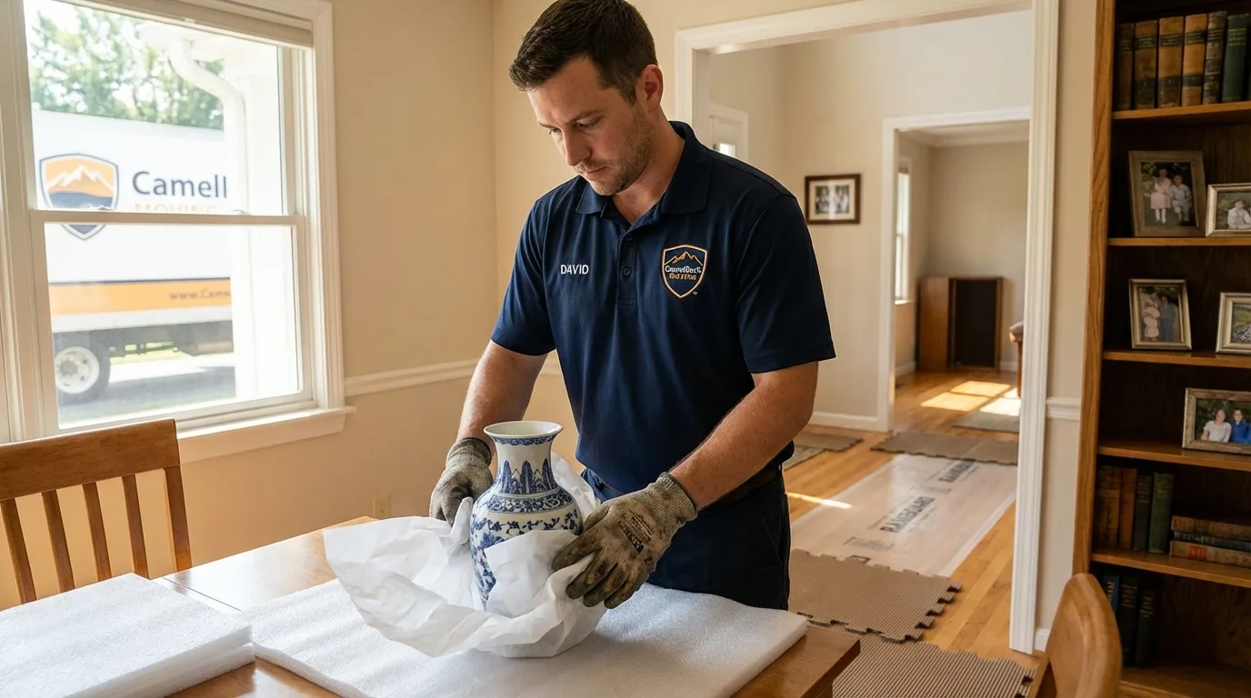 Professional crew carefully wrapping antique vase for senior downsizing move in New Windsor, NY